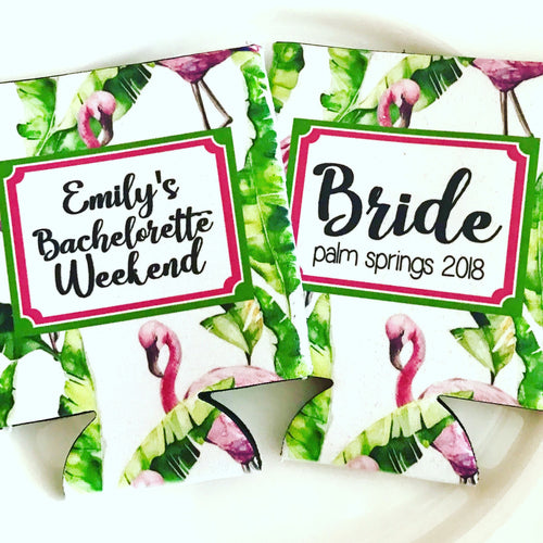 Palm and Flamingo Party Huggers. Tropical Wedding or Bachelorette Party Favors. Girl's Weekend or Flamingle Vacation Beach Favors.