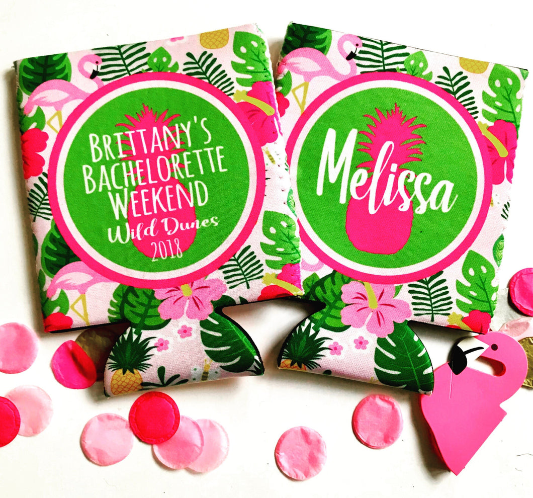 Flamingo Palm and Pineapple Party Huggers. Tropical Wedding or Bachelorette Party Favors. Girl's Weekend Family Vacation Beach Favors.