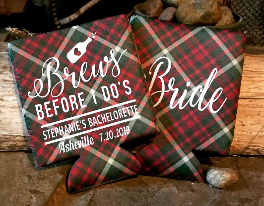 Brews Before I do's! Flannel Plaid Party Huggers. Plaid Bachelorette Party Favors! Red Plaid Wedding Party Favors. Lumberjack Party!