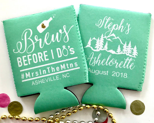 Brews Before I do's! Mint Party Huggers. Asheville Bachelorette Party Favors! Mountain Weekend Huggers. Ski Bachelorette too!