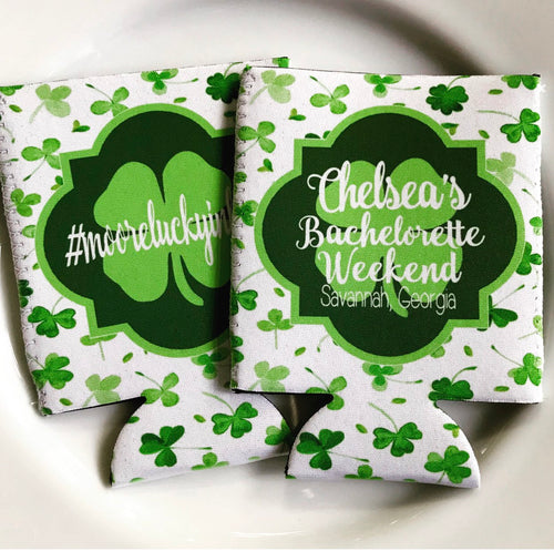 Shamrock Watercolor Huggers. St Patrick's Day Party Favors. St Patricks Bachelorette huggers. Irish Party Favors. Personalized Can Coolers!