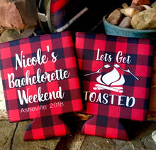 Load image into Gallery viewer, Plaid Get Toasted Party Huggers. Plaid Bachelorette or Birthday Party Favors too! Plaid Camping Party Huggers. Flannel &amp; Fizz
