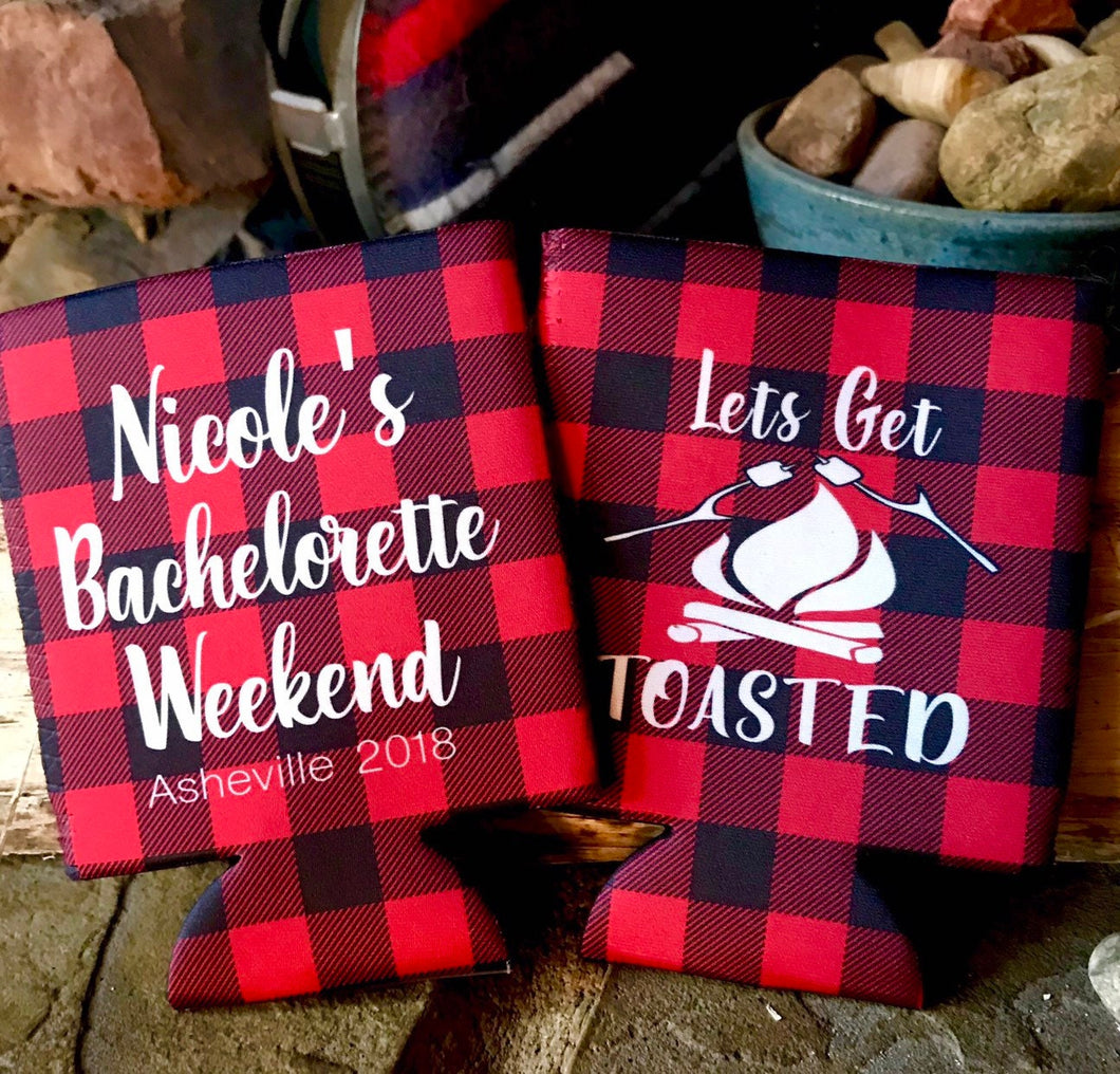 Plaid Get Toasted Party Huggers. Plaid Bachelorette or Birthday Party Favors too! Plaid Camping Party Huggers. Flannel & Fizz