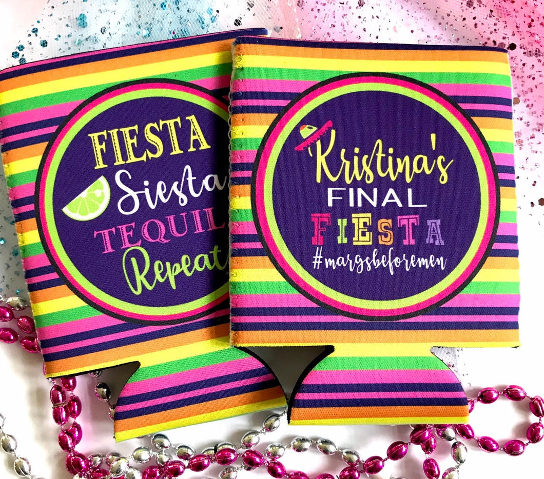 Fiesta Stripe Party Huggers. Fiesta Slim Can Favors! Down to Fiesta Party Favors. Fiesta Birthday Party Favors! Bachelorette Down to Fiesta!