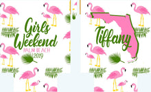 Load image into Gallery viewer, Flamingo Palm Party Huggers. Tropical Wedding or Bachelorette Party Favors. Girl&#39;s Weekend or Family Vacation Beach Favors. Wedding Slim Can
