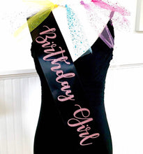 Load image into Gallery viewer, Birthday Girl Glitter Vinyl Sash. Double faced Satin. The Birthday Girl will love her Satin sash with Rose Gold, Gold or Silver writing !
