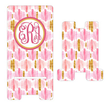 Load image into Gallery viewer, Pink and Gold Watercolor Cell Phone Stand. Name or Monogram! Cell phones, Iphone dock for Desk, Nightstands, Kitchen Counters!
