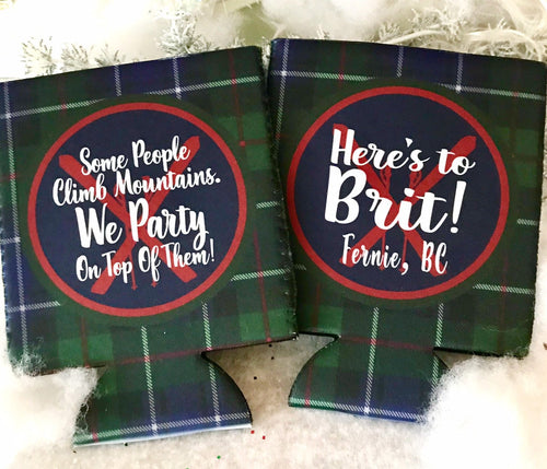 Blackwatch Plaid Party Huggers. Personalized Family Ski Vacation Coolies. Bachelorette or Bachelor Plaid Party coolers. Plaid party favors