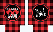 Load image into Gallery viewer, Buffalo Plaid Party Huggers. Personalized Lumberjack party Favors. Plaid Bachelorette or Birthday party Favors. Axe throwing! Flannel Party.
