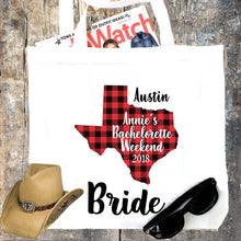 Load image into Gallery viewer, Texas Party Tote bag. Texas Bachelorette or Girls Weekend Totes! Dallas, Austin, Houston Girl&#39;s weekend Party Favor Bag.Plaid State tote!
