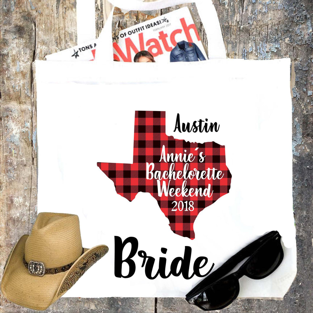 Texas Party Tote bag. Texas Bachelorette or Girls Weekend Totes! Dallas, Austin, Houston Girl's weekend Party Favor Bag.Plaid State tote!