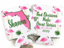 Load image into Gallery viewer, Flamingo Palm Party Huggers. Tropical Wedding or Bachelorette Party Favors. Girl&#39;s Weekend or Family Vacation Beach Favors. Wedding Slim Can
