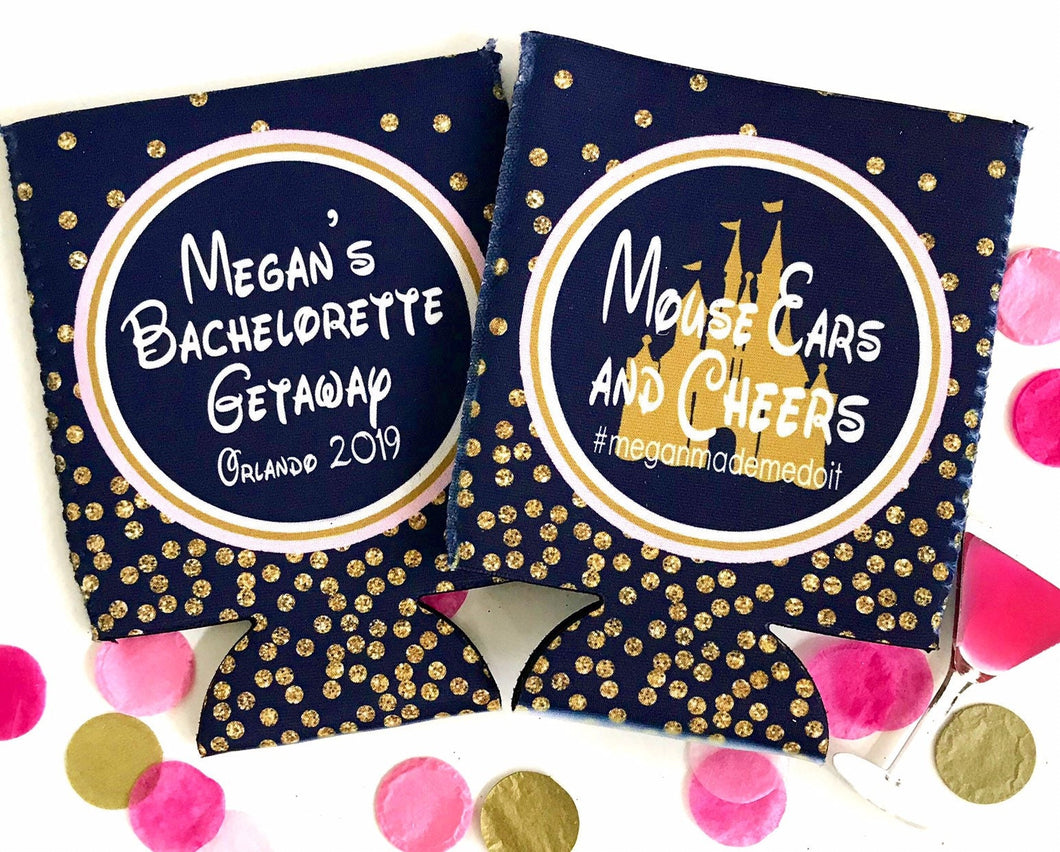 Gold and Navy Polka Dot Huggers. Orlando Bachelorette or Birthday Huggers. Personalized Navy and Blush Bachelorette Party Favors.