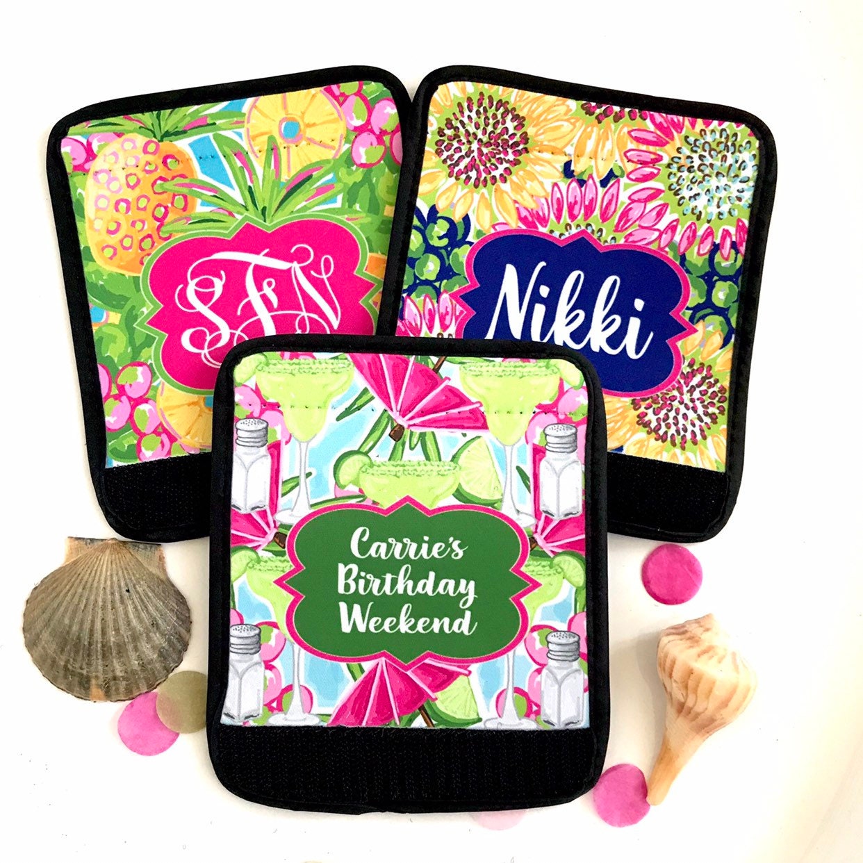 Neoprene luggage finder. Personalized tropical Theme favors. Great Beach Bachelorette gifts! Beach themed Party favors.
