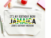 Load image into Gallery viewer, Jamaica Make Up bag. Great Jamaican Bachelorette or Girls Weekend Favors. Personalized Jamaica Vacation favor bags! Jamaica Party favors!
