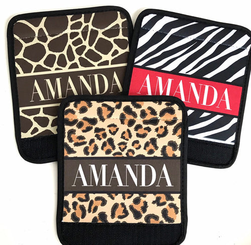 Animal Print Neoprene luggage finder. Personalized bag identifier. Great Bachrlorette or Birthday gifts! Leopard, Giraffe, and Zebra!