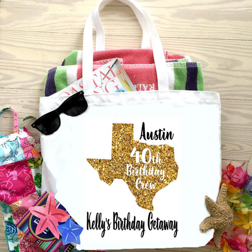 Texas "glitter" Tote bag. Houston, Dallas, San Antonio Girls Weekend Tote Bag. Custom Austin Wedding Welcome Bag. Girls Weekend Beach Bag!