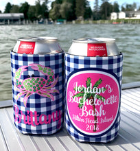 Load image into Gallery viewer, Gingham Party Huggers. Personalized Beach Bachelorette or Birthday Coolies.Florida Bachelorette Favors. Miami Party Huggers.
