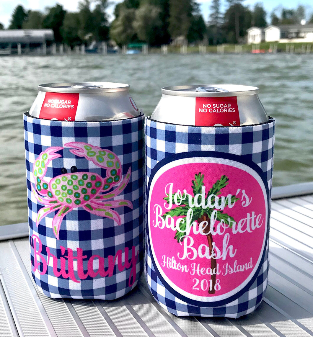 Gingham Party Huggers. Personalized Beach Bachelorette or Birthday Coolies.Florida Bachelorette Favors. Miami Party Huggers.