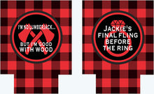 Load image into Gallery viewer, Buffalo Plaid Party Huggers. Personalized Lumberjack party Favors. Plaid Bachelorette or Birthday party Favors. Axe throwing! Flannel Party.
