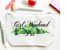 Load image into Gallery viewer, Mountain Party Make Up bag. Great Bachelorette or Girls Weekend Favors. Bachelorette Plaid Weekend Make up Bag.
