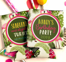 Load image into Gallery viewer, Flamingle Beverage Huggers. Beach Party Favors. Custom Tropical Birthday or Bachelorette Party Favors. Beach Party Favors!
