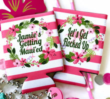 Load image into Gallery viewer, Pink Flamingo Beverage Huggers. Birthday or Girls Weekend Coolies. Final Flamingle Bachelorette Favors. Custom Flamingle Party Huggerss
