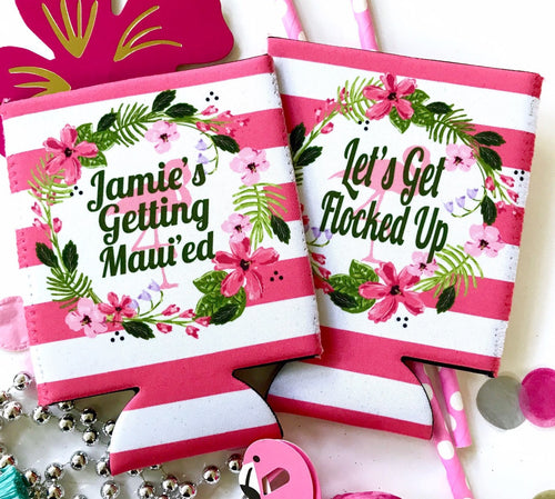Pink Flamingo Beverage Huggers. Birthday or Girls Weekend Coolies. Final Flamingle Bachelorette Favors. Custom Flamingle Party Huggerss