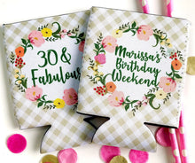 Load image into Gallery viewer, Floral Gingham Huggers. Personalized Bachelorette Favors. Birthday Party Favors. Gingham Party Favors. Monogrammed Bridesmaid Gifts.

