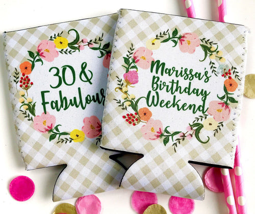 Floral Gingham Huggers. Personalized Bachelorette Favors. Birthday Party Favors. Gingham Party Favors. Monogrammed Bridesmaid Gifts.