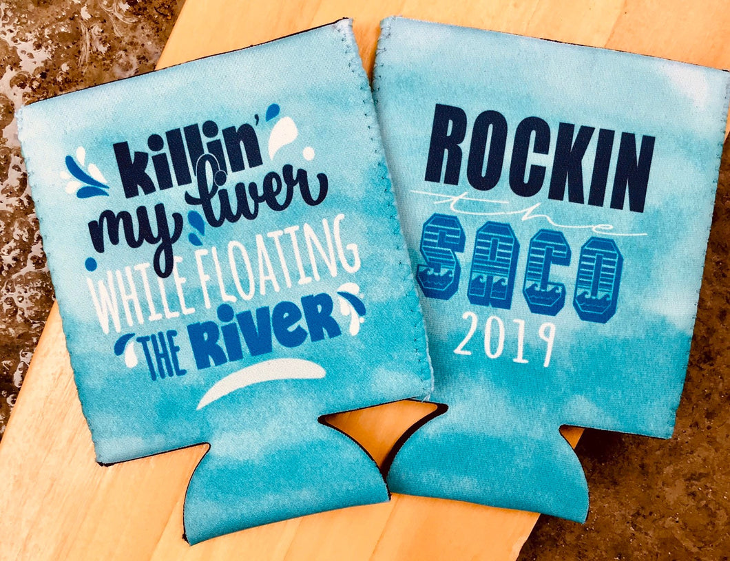 Rocking the River Watercolor Huggers. Float Bachelorette Party Favors. Personalized River Float Favors. Killing my liver floating the river.