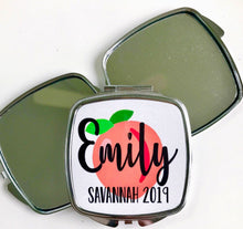 Load image into Gallery viewer, Personalized Tropical Initial Mirror | Bridal Party Favor | Bridesmaid Gift | Bachelorette Party Favors | Make up Mirror |Shit Kit Bags
