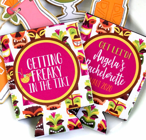 Tiki Party Huggers.Tropical Bachelorette or Birthday Luau Favors. Personalized Tiki Bar Party Huggers. Luau Wedding Shower Huggers! Tiki Bar