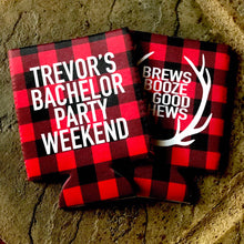Load image into Gallery viewer, Buffalo Plaid Antler Party Huggers. Plaid Bachelorette Party Favors! Family Vacation Flannel Party Huggers. Lumberjack Party! Flannel Fling!
