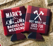 Load image into Gallery viewer, Buffalo Plaid Bachelor Party Huggers. Plaid Bachelor or Birthday Party Favors. Mountain Bachelor Party Favors! Ski Vacation favors!
