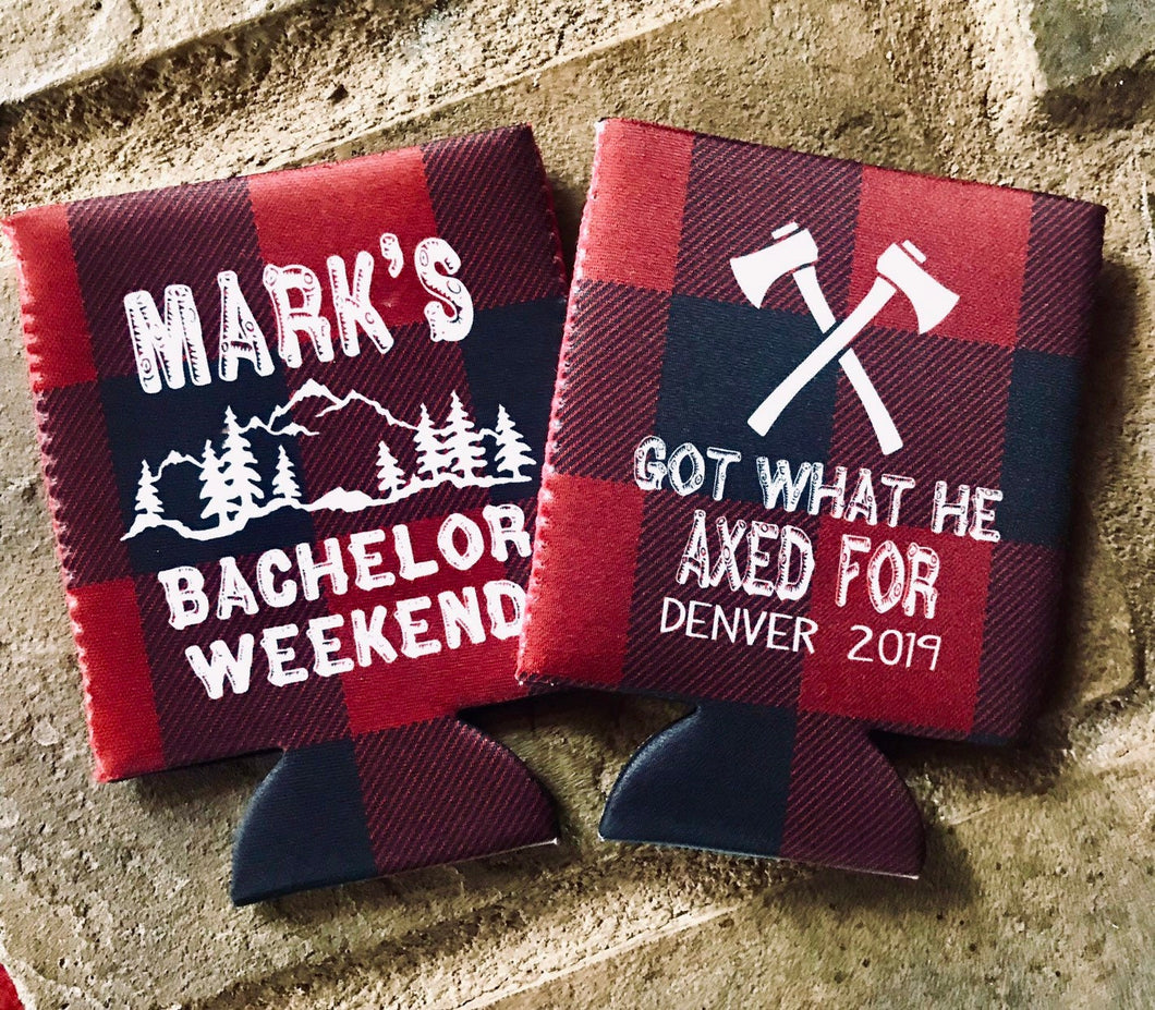 Buffalo Plaid Bachelor Party Huggers. Plaid Bachelor or Birthday Party Favors. Mountain Bachelor Party Favors! Ski Vacation favors!