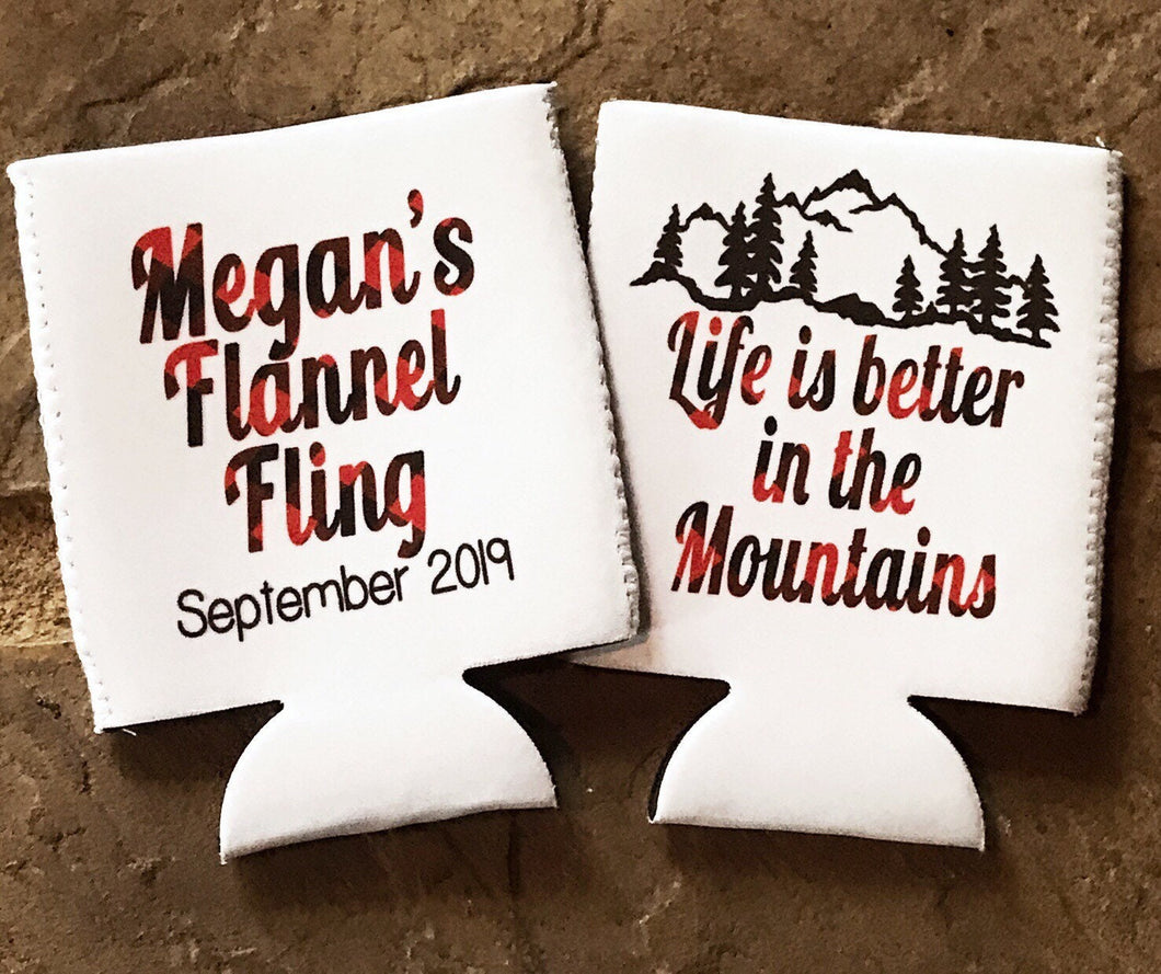 Plaid Mountain Party Huggers. Plaid Birthday or Bachelorette Party Favors! Flannel Party! Plaid Asheville Party Favors! Red Plaid Party!