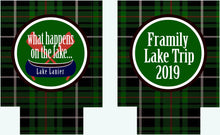 Load image into Gallery viewer, Lake Vacation Huggers. Personalized Nautical Buffalo Plaid Coolies. Lake House Coolies. Lake or River party Favors
