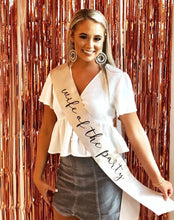 Load image into Gallery viewer, Wife of the Party 4&quot; Glitter vinyl Satin Sash. Bride to Be Sash with Glitter. Bridal Shower Sash! Bachelorette Sash! Engagement Party Sash!
