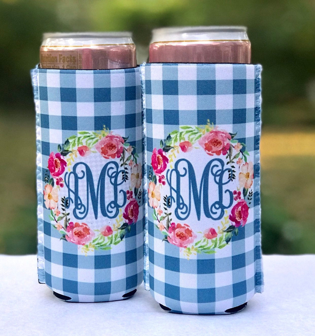 Floral Slim party huggers. Skinny can party favors. Personalized Birthday or Bachelorette Party Favors. Slim Can Gingham bachelorette party!