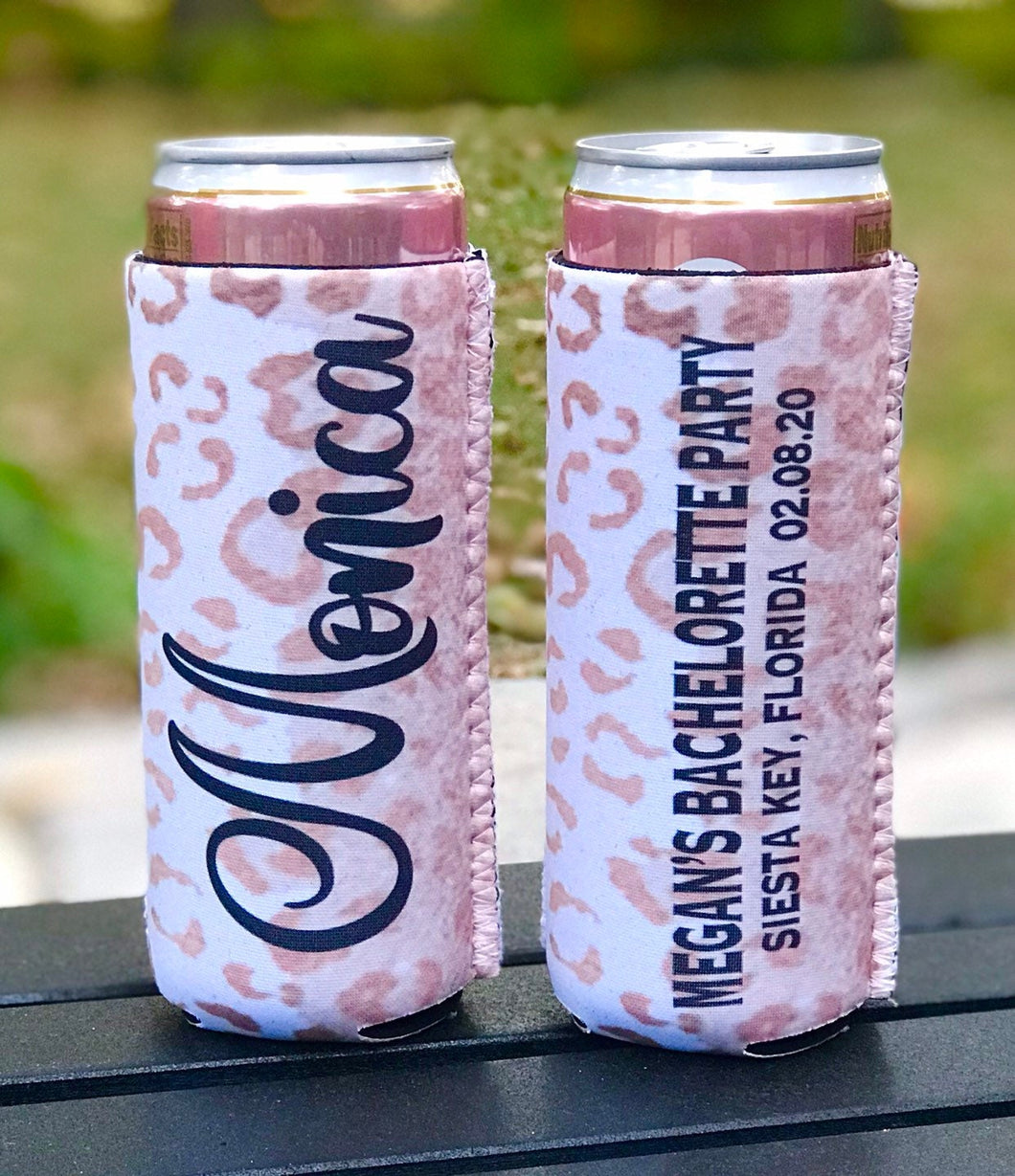 Rose Gold Slim Leopard Party Huggers. Skinny Can Bachelorette or Birthday. Leopard Bachelorette Party Favors. Personalized Slim Huggers!