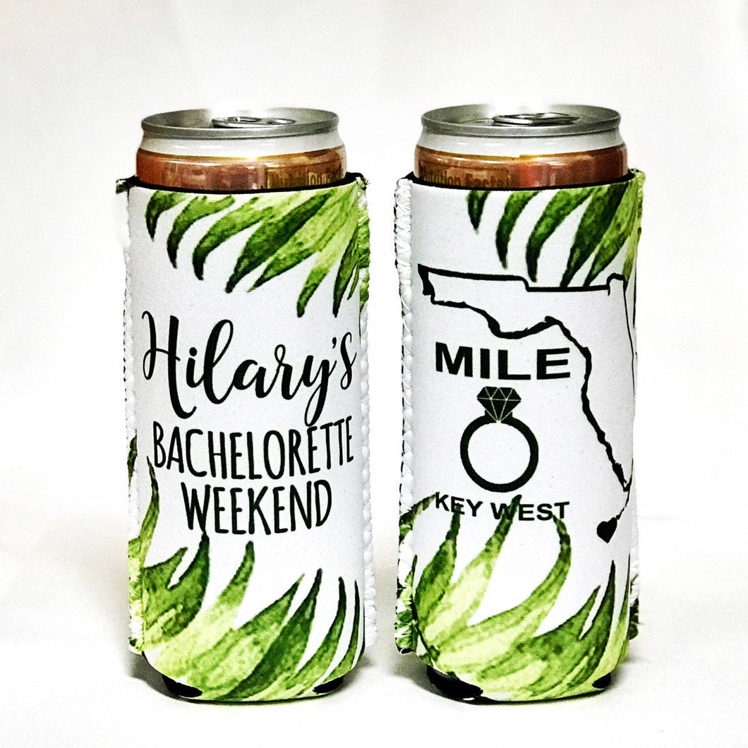Palm Leaves Mile 0 Key West Party Huggers. Slim Can Wedding or Bachelorette Party Favors. Key West Girl's Weekend or Family Vacation .