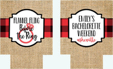 Load image into Gallery viewer, Burlap Plaid Party Huggers. Flannel Fling Bachelorette or Shower Favors. Rustic Birthday Party Favors. Flannel Fling! Flannel Party favors!
