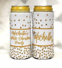 Load image into Gallery viewer, White &quot;Glitter&quot; Party Huggers. Slim Can Party. Personalized Bachelorette Party favors. Birthday Party Favors! White and Gold favors.
