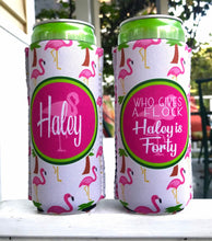 Load image into Gallery viewer, Slim flamingo party huggers. Skinny can party favors. Personalized Birthday or Bachelorette Party Favors. Beach bachelorette party!
