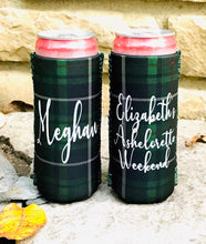 Load image into Gallery viewer, Plaid Slim party huggers. Skinny can party favors. Personalized Birthday or Bachelorette Party Favors. Slim Can Plaid Girls weekend favors!

