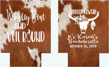 Load image into Gallery viewer, Western Cowhide Bachelorette or Birthday Slim Can Favors. Personalized Austin or Nashville Party. Custom Colorado Western Wedding Favors.
