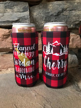 Load image into Gallery viewer, Plaid Slim party huggers. Skinny can Mountain  Personalized Birthday or Bachelorette Party Favors. Slim Can Asheville bachelorette party!
