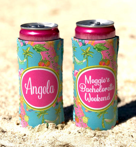 Florida Slim party huggers. Skinny can party favors. Personalized Birthday or Bachelorette Party Favors. Slim Can Florida Vacation favors!