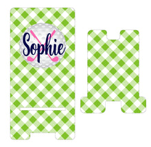 Load image into Gallery viewer, Golf Phone Stand. Girls Gingham Golf Cell Phone Stand, Custom Golf Gift. Gift for Mom, daughter, sister! Personalized Golfer gift!
